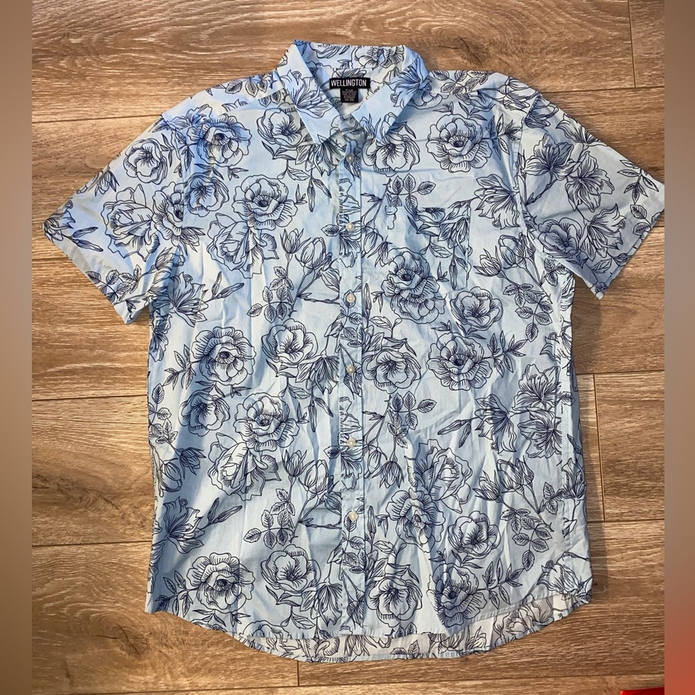 Wellington Men’s 2XL Flower Print Blue Button-Up